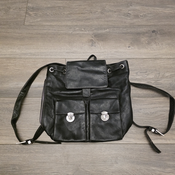 PERLINA Vintage Black Leather Backpack Style Bag with Silver Hardware - Picture 1 of 8
